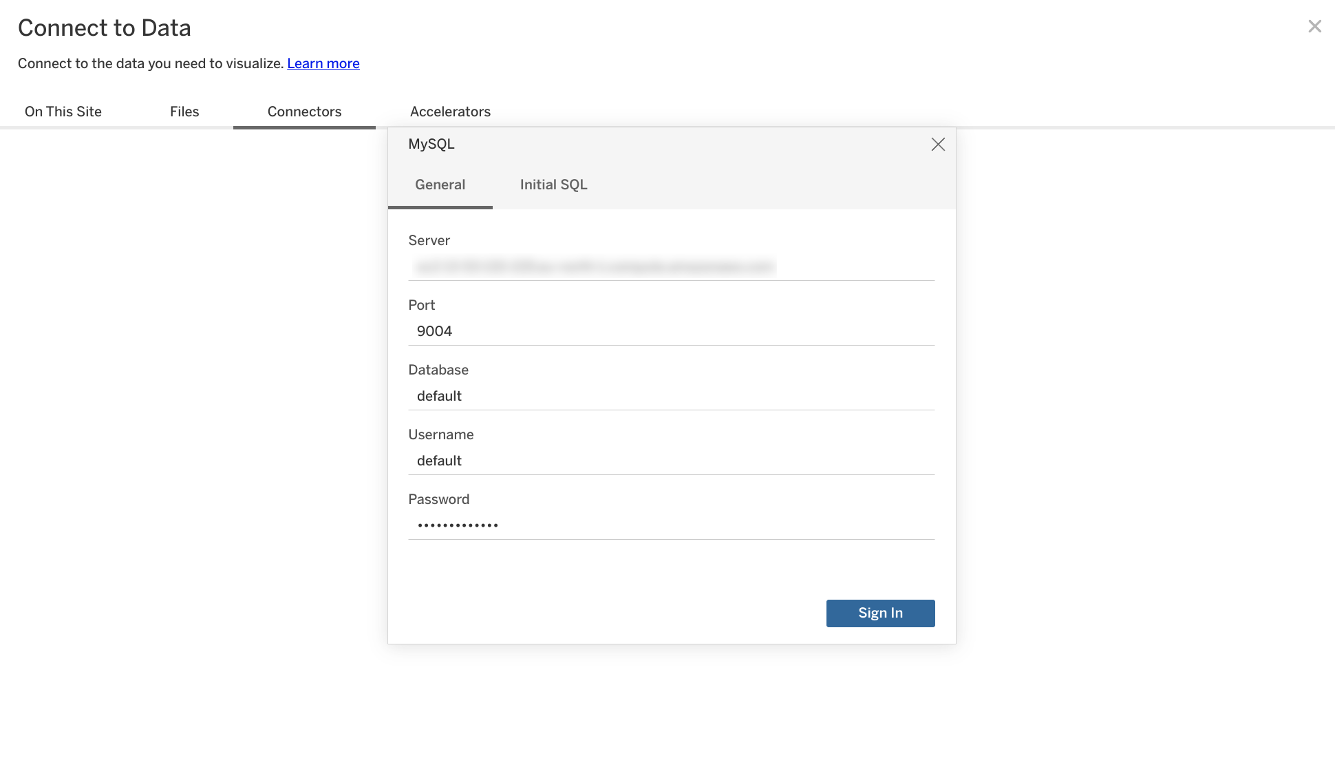 Экран настройки подключения MySQL в Tableau Online с полями для сервера, порта, базы данных и учетных данных